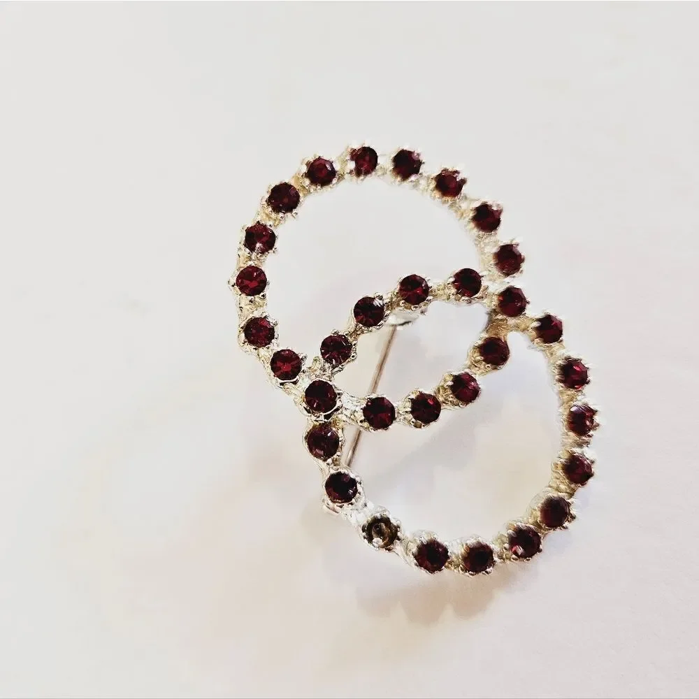 Vintage Red Burgundy Rhinestone Studded Silver Tone Circle Open Work Pin Brooch